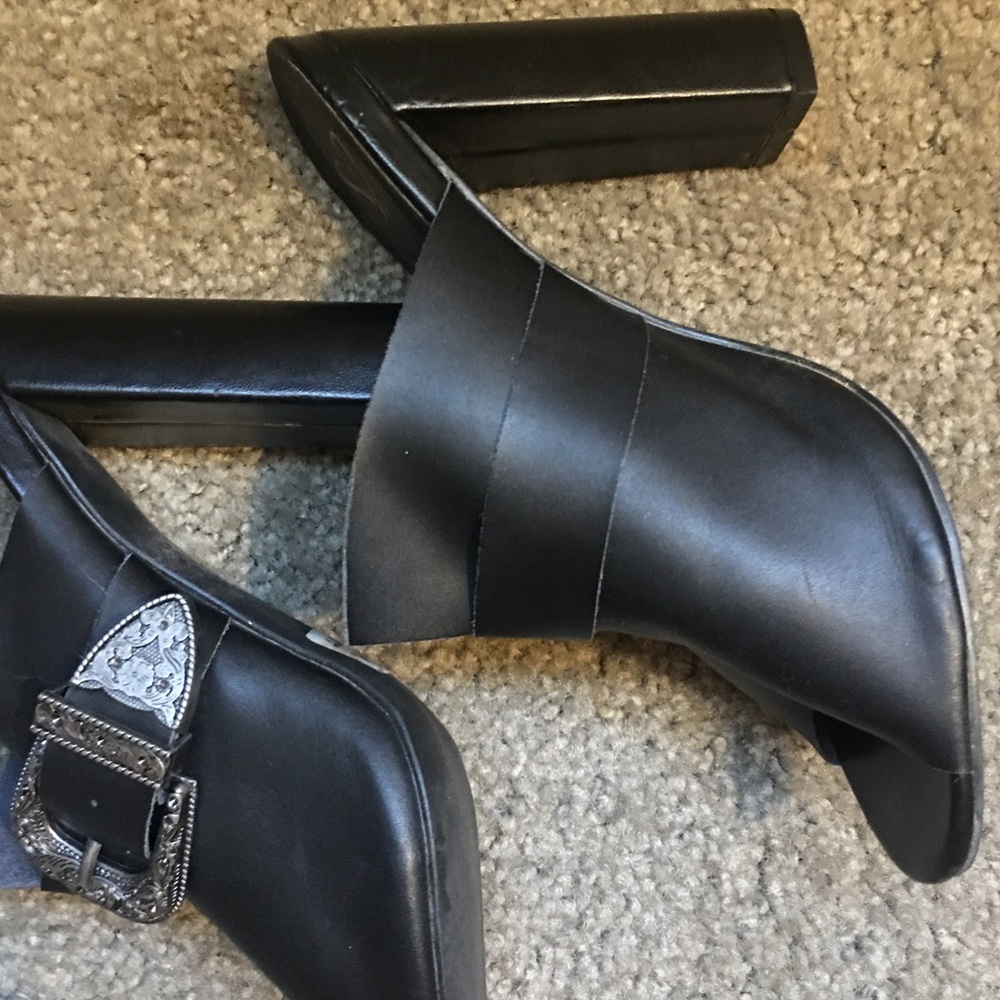 NWT | Black open-Toe, Leather Heals W/ Fancy Detailed-Buckle